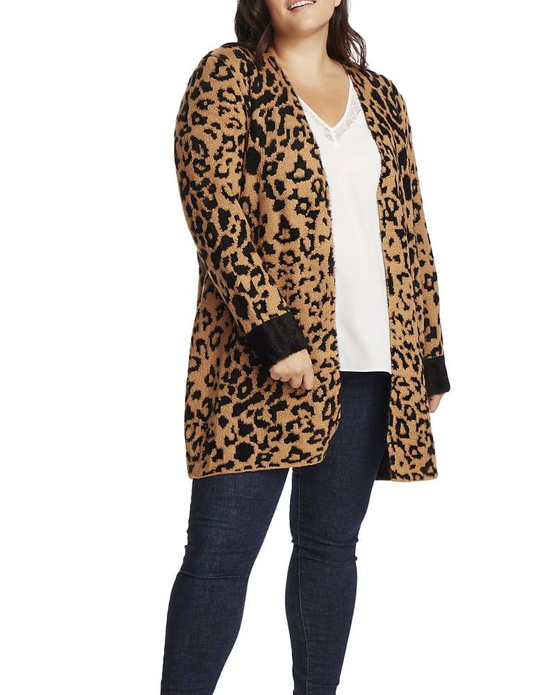 Front of a model wearing a size 1X Gemma Animal Print Cardigan in WILD OAK by 1.State. | dia_product_style_image_id:262563
